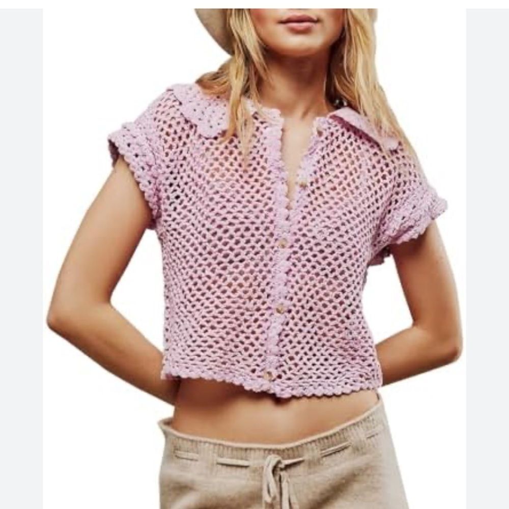 Free People Hollow Out Cropped Crochet Top Summer Short Sleeve Knit Sweater XS